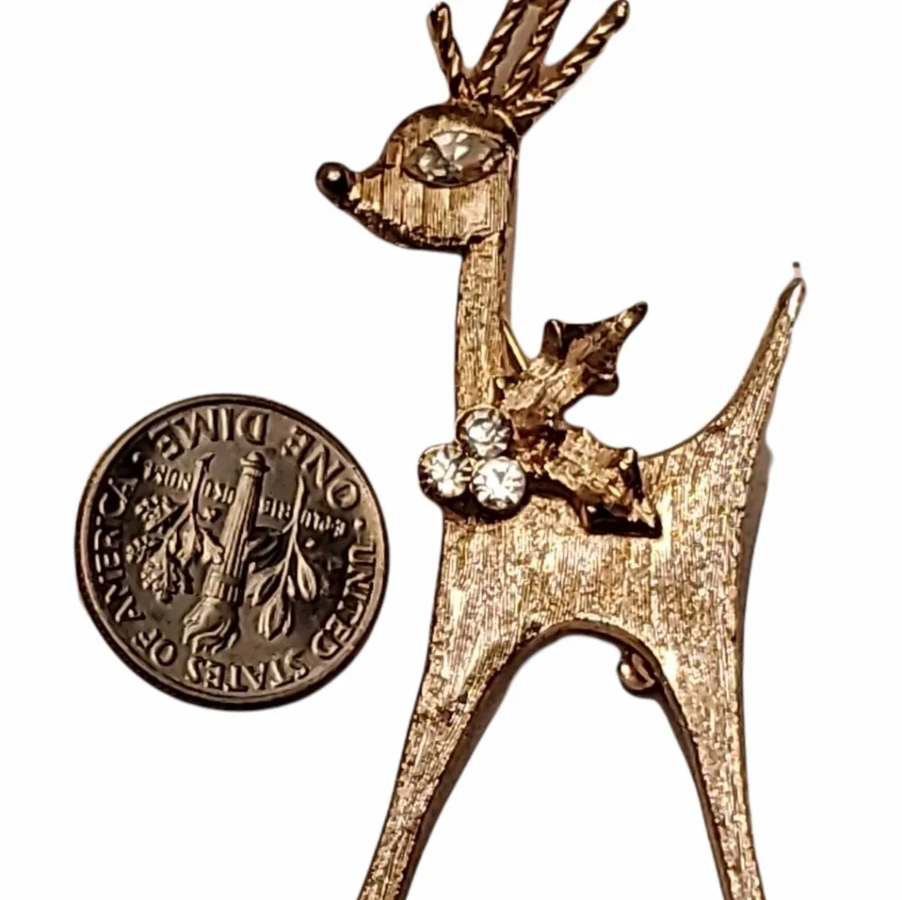 Unique Golden Reindeer Brooch with Crystal Eye & Holly Berry Wreath Collar
